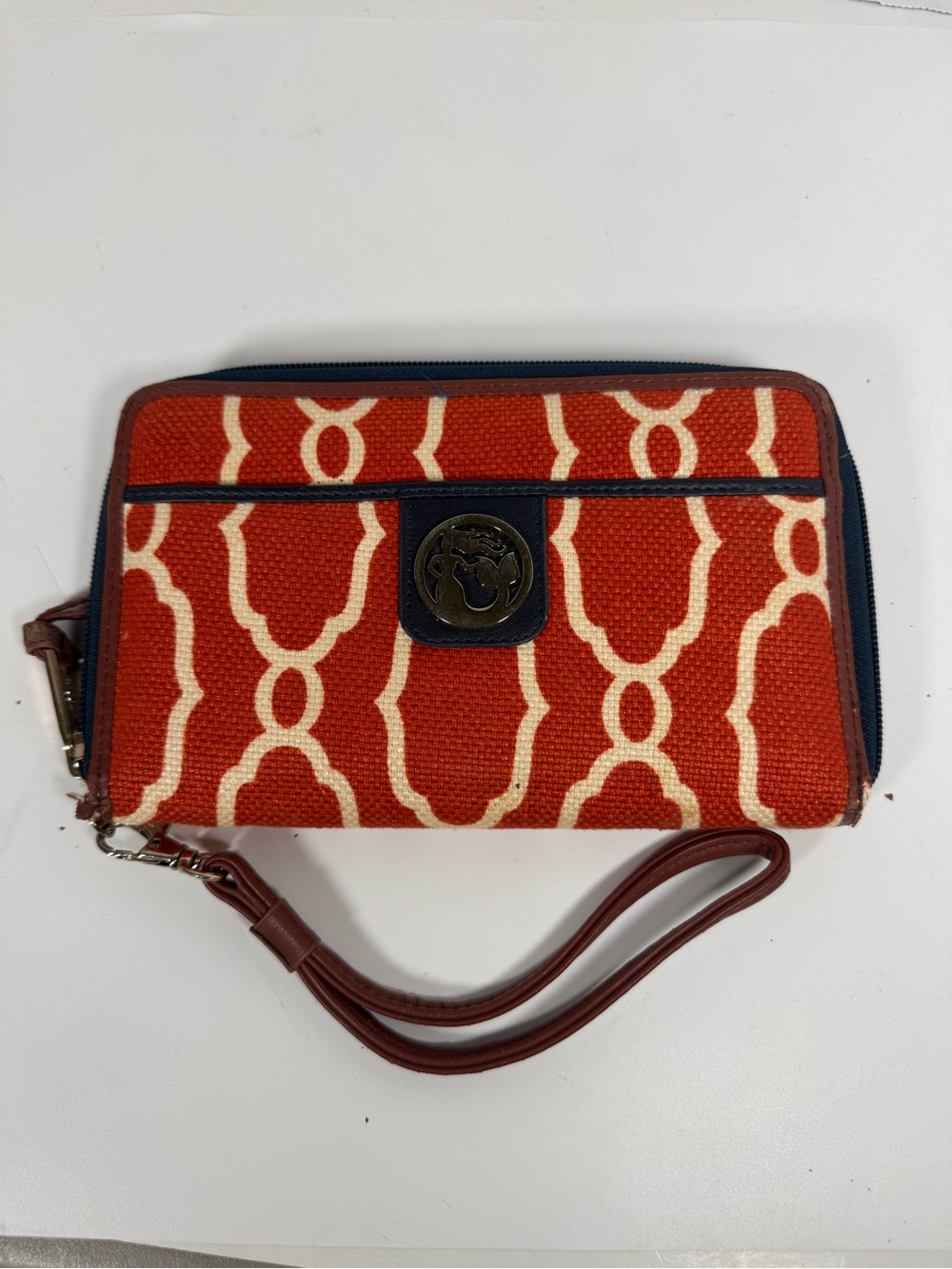 Spartina 449 Orange & Cream Patterned Wristlet Clutch w/Navy Trim linen/leather